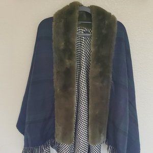 Double-sided Cape / Shawl / Wrap with Faux Fur Collar, Houndstooth and Plaid